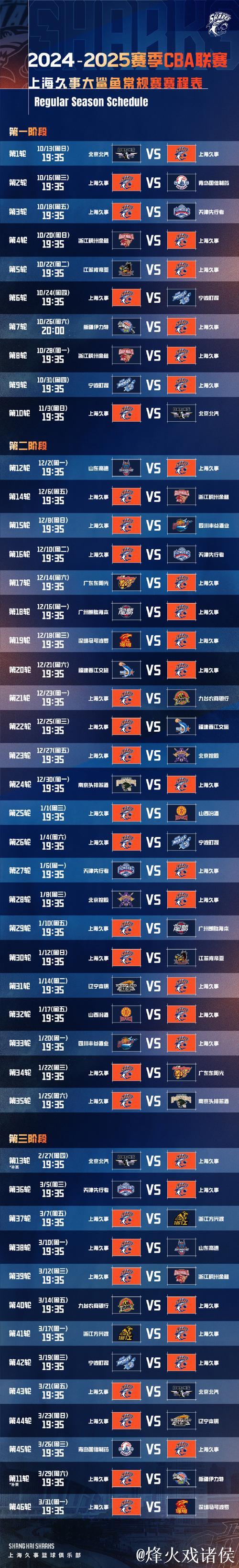 上海男篮公布常规赛日程:首战潜力赛今晚打响 上海男篮公布常规赛日程:首战潜力赛今晚打响